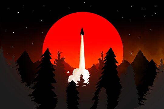 A rocket taking off at sunset in the middle of a forest