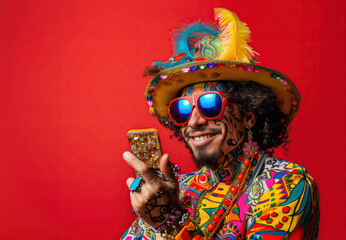 A man wearing a vibrant outfit is holding a cell phone in his hand.