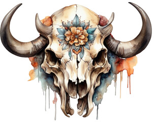 Bull skull with watercolor splashes. Hand-drawn illustration.