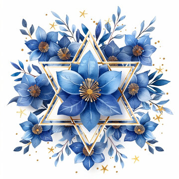 recommend clip art: Golden star of David with blue leaves and flowers isolated on white background. Jewish symbol clipart. Bat and Bar Mitzvah. Hanukkah, Passover, Shavuot holiday