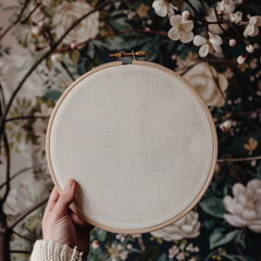 Fototapeta premium Embroidery hoop held in hand, empty white canvas with an moody cosy background
