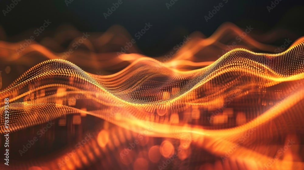 Poster abstract orange wave particles with depth of field and bokeh lights on dark background