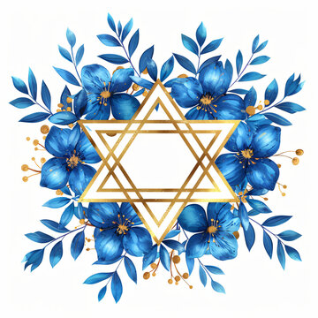recommend clip art: Golden star of David with blue leaves and flowers isolated on white background. Jewish symbol clipart. Bat and Bar Mitzvah. Hanukkah, Passover, Shavuot holiday