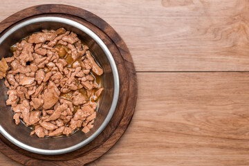 Food for animals background. wet cat and dog food texture, pattern. Pet meal background close up. wet food for pet dogs and cats. Dried pet food top view. Granules of good nutrition for dogs and cats.