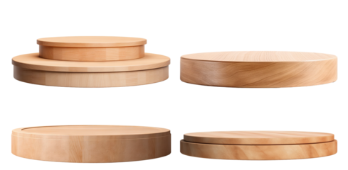 Set of flat wooden podiums for product display, cut out