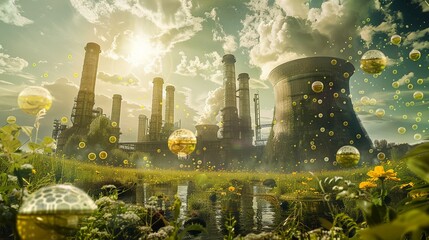 A surreal scene showcasing the potential of carbon removal technologies, such as direct air capture or bioenergy with carbon capture and storage
