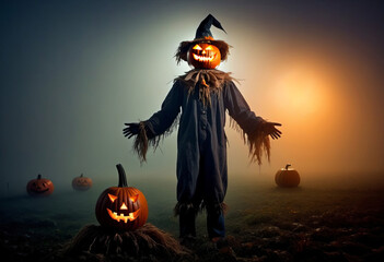 Jack O Lantern. A terrible scarecrow in old clothes and a pumpkin's head, on a foggy field. Concept poster of Halloween. - obrazy, fototapety, plakaty