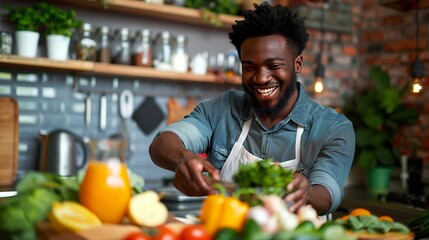 Happy african american man preparing healthy smoothie in kitchen at home