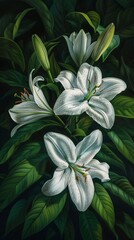 In the oil painting white lilies stand majestic a symbol of purity amidst vibrant green leaves