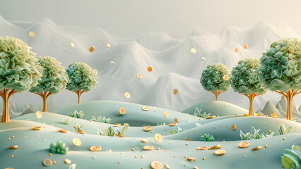A grand fantasia of finance, depicted as a magical landscape where money grows on trees of opportunity, 3d illustrate , gray gradient background - obrazy, fototapety, plakaty