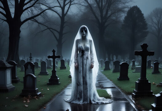 A scary woman in an old dirty white dress, a ghost in a foggy night. The concept of Halloween poster, image dead horror.
