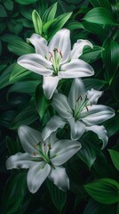 Fototapeta na wymiar In the oil painting white lilies stand majestic a symbol of purity amidst vibrant green leaves