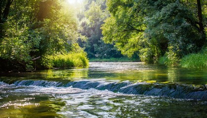 Beautiful water flows gently on the riverbed in midsummer, and the gentle light of the sun illuminates the surrounding area, creating a beautiful backdrop.