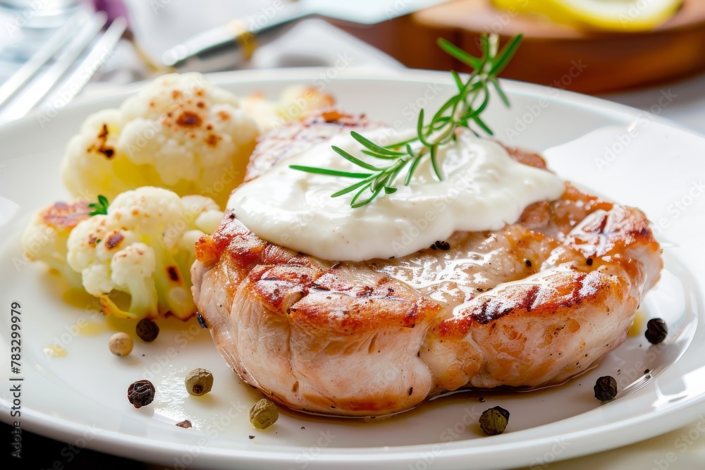 Wall mural Grilled salmon steak with a creamy topping, served with roasted cauliflower and a sprig of rosemary. Grilled Salmon Steak with Creamy Sauce and Cauliflower - Wall murals