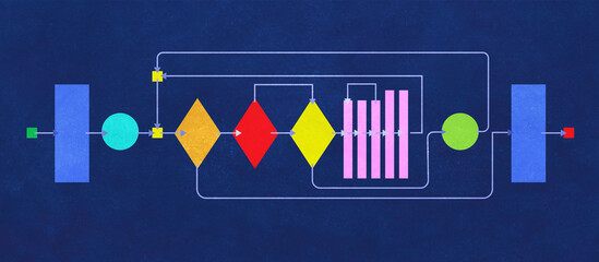 Wide format algorithm diagram on dark navy  background