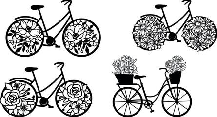 Floral bicycle.Bike with flower bouquets. Cute hand drawn bicycle with colorful flowers in crate and basket. 