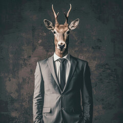An Elegant Man in very good Clothes with the Face of a Forest Animal on a Dark Gray Background Wallpaper Background Cover Magazine Journal Illustration Brainstorming Digital Art