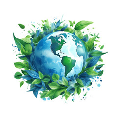 A blue and green Earth globe surrounded by leaves, logo for environmental world protection, illustration for ecological conservation, Save the Planet, Earth Day concept