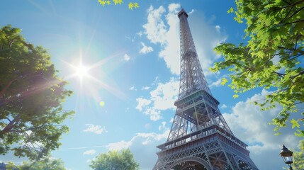 sunny Parisian day with the Eiffel Tower standing tall against the backdrop of a clear blue sky