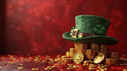 A green Leprechaun hat and gold coins stand out lying on the surface. St. Patrick's Day