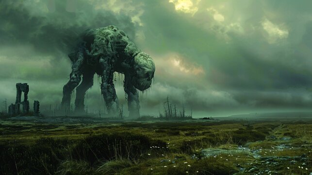 Mythological hybrid creatures roam ancient eldritch landscapes where forgotten pantheons watch silently