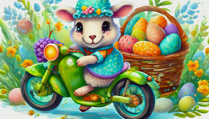 Obraz premium oil painting style CARTOON CHARACTER CUTE baby sheep ride Stylish green cross motorcycle,