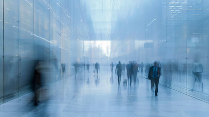 Blurred motion, whitecollar professionals, translucent office, minimalist elegance