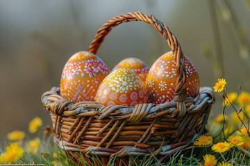 Easter eggs painted in a basket on green grass - 783300950