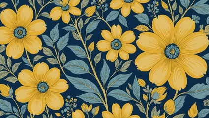 Foto op Canvas close-up-of-blue-and-yellow-floral-print-wallpapere © ehtasham