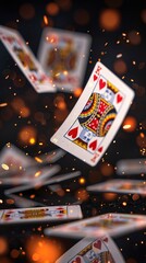 A dynamic cascade of playing cards with a sparkling bokeh background, highlighting the king of hearts