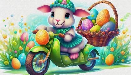 Obraz premium oil painting style CARTOON CHARACTER CUTE baby sheep ride Stylish green cross motorcycle,