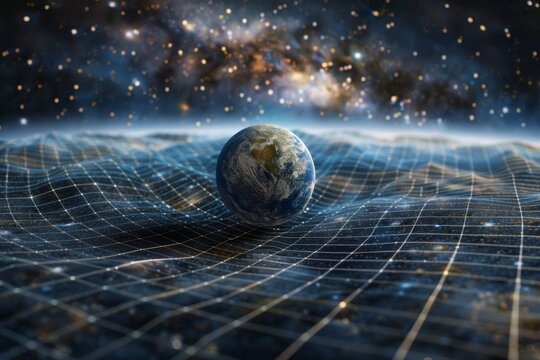 Representation of spacetime curvature, with the solar system's gravity force illustrating the bending of space by Earth, potentially representing gravity waves or relativity.