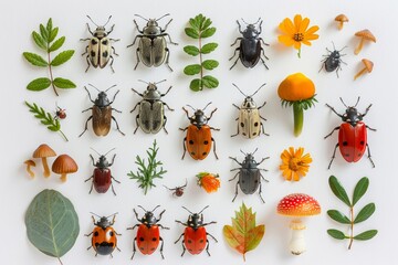common bugs and leafs, mushrooms, flowers scatered ilustations white background - obrazy, fototapety, plakaty