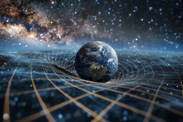 Earth gravity bends the space surrounding it, distorting the spacetime concept and deforming the space-time grid around the universe. - obrazy, fototapety, plakaty