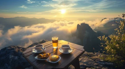 Foto op Plexiglas Food and coffee on wood table at mountain top at sunrise or sunset, amazing breakfast with stunning landscape view. Concept of travel, hike, nature, summer, restaurant, resort © karina_lo