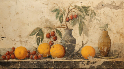 Fruits on old cracked wall fresco, vintage painting of food and vases on table, Ancient art of still life. Concept of beauty, mural, orange, culture and antiquity.