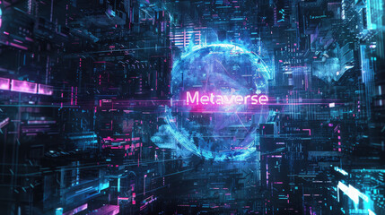 Metaverse of neon cyberpunk city, abstract dark futuristic virtual reality, digital space. Concept of technology, future, cyber tech