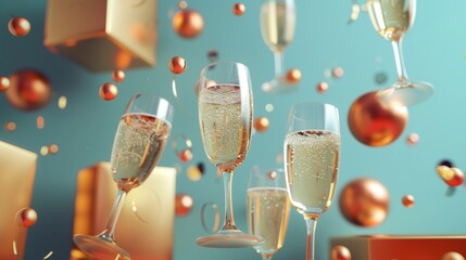 Floating champagne glasses in a celebration setting d style isolated flying objects memphis style d render   AI generated illustration - obrazy, fototapety, plakaty