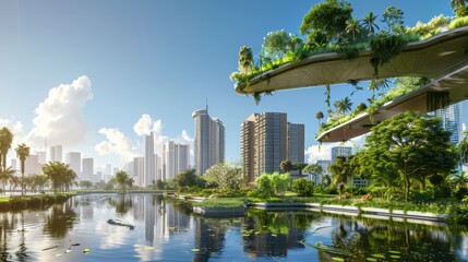 Fototapeta premium Floating gardens hover above the city providing a burst of greenery in the concrete jungle AI generated illustration
