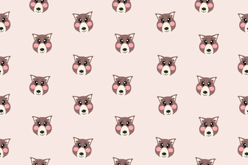Fototapeta premium Seamless pattern with kawaii cute brown wolf face for children isolated on light beige background