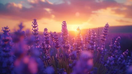 Lavender field sunset and lines. Beautiful lavender blooming scented flowers at sunset 