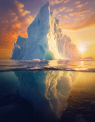 Massive iceberg with half part above the sea and a big chunk underwater. Warm arctic sunset scene, climate change conceptual background - obrazy, fototapety, plakaty