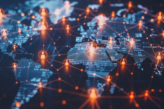 Abstract world map with social network connection icons and people on dark background, digital technology concept for global business Generative AI