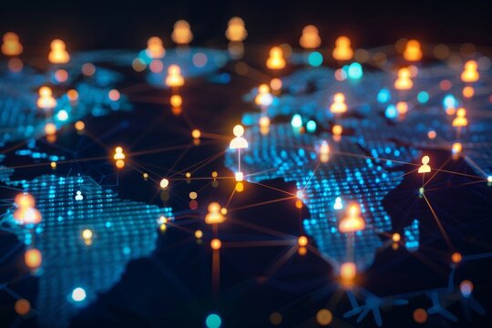 Abstract world map with social network connection icons and people on dark background, digital technology concept for global business Generative AI