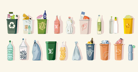 a group of different types of trash cans