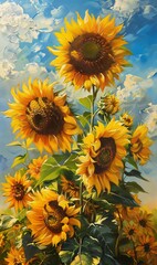 Oil painting capturing the vibrant hues of sunflowers their faces turned towards the sun radiating joy