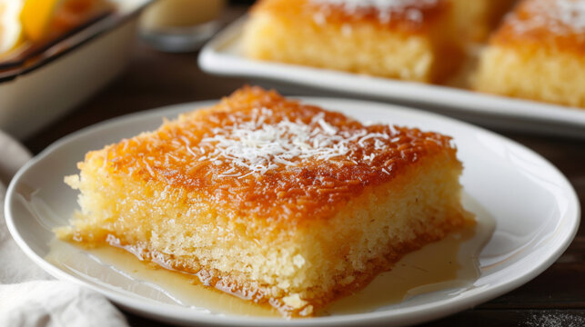 Close-up of a delicious basbousa, an authentic egyptian semolina cake drizzled with syrup