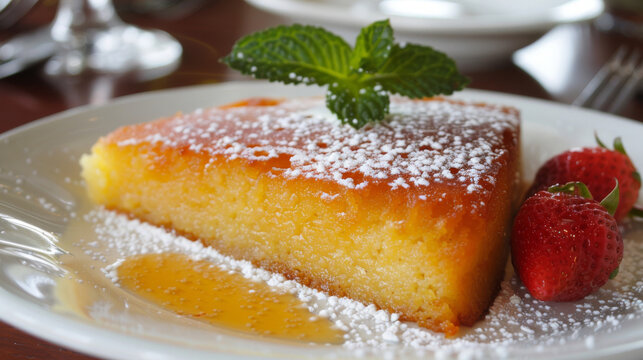Traditional egyptian basbousa dessert with strawberries