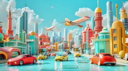 Foto op Canvas Funky toy cars and planes in a futuristic city d style isolated flying objects memphis style d render   AI generated illustration © ArtStage