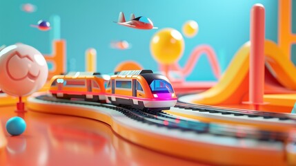 Funky toy trains and tracks in a futuristic setting d style isolated flying objects memphis style d render   AI generated illustration